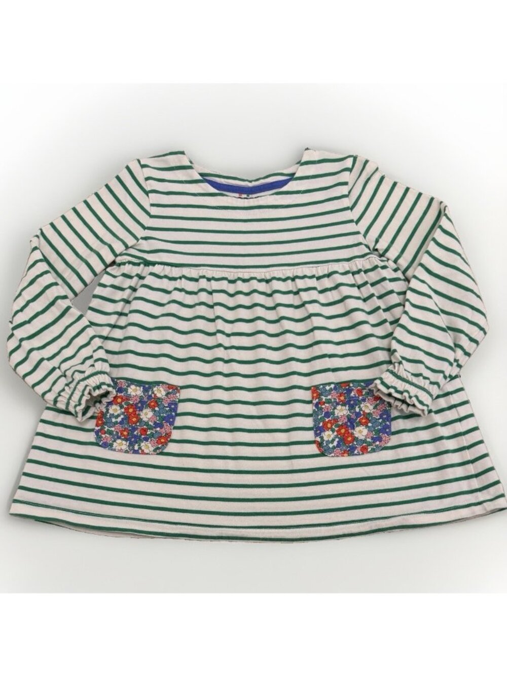 Mini Boden 100% Cotton Green Striped Long Sleeve Tunic Top Floral Pockets 5-6 yr